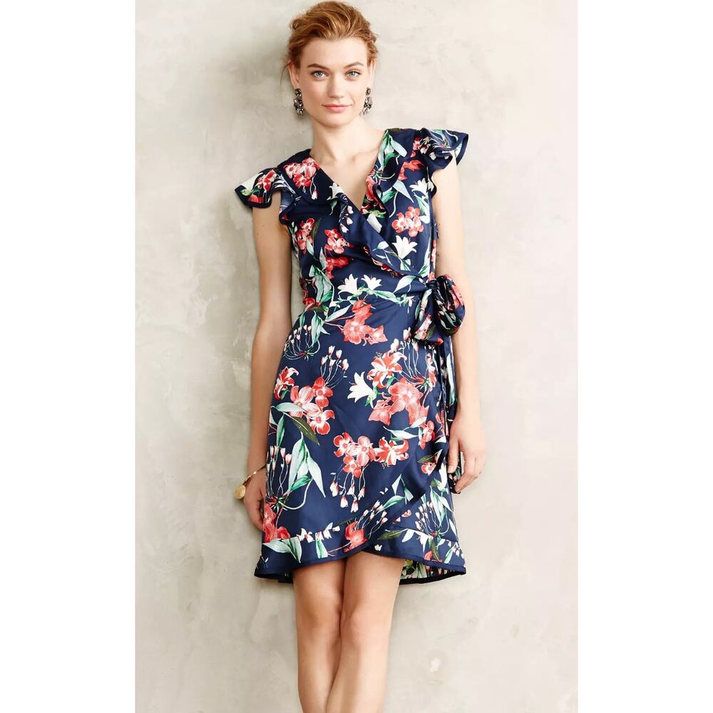 KAREN WALKER Hi There Sz 10 Anthropologie Hibiscus Floral Wrap Dress Blue Multi - Picture 4 of 10
